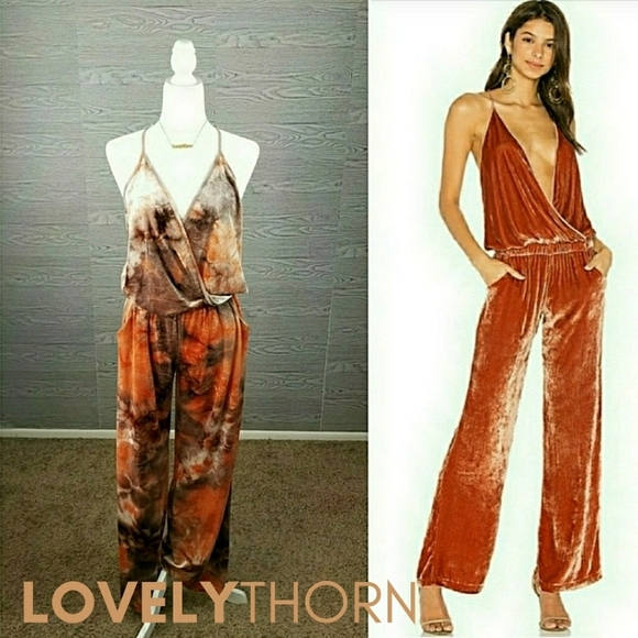 YFB // plunge hook & eye surplice tie dye velvet jumpsuit